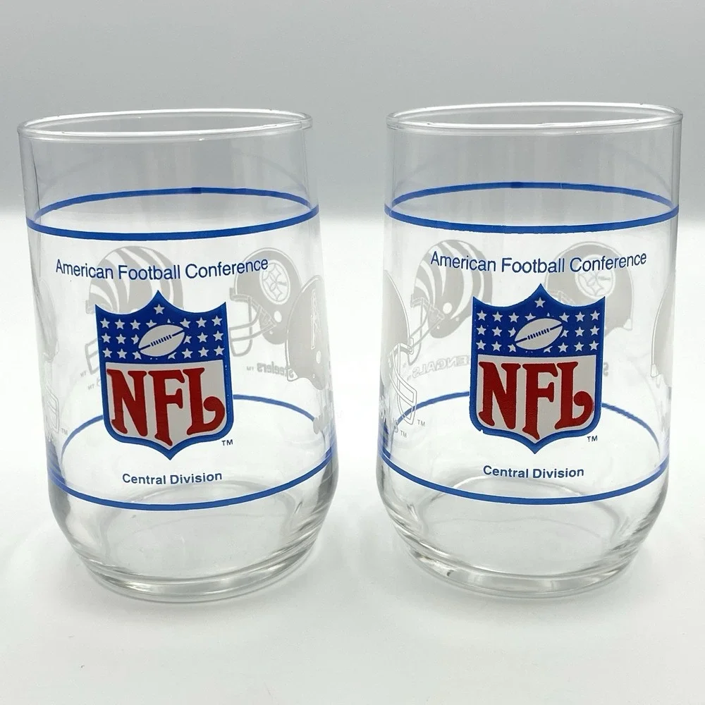 Vintage Set Of 2 NFL Central Division Glasses AFC Oilers Steelers Bengals Browns